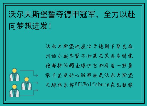 沃尔夫斯堡誓夺德甲冠军，全力以赴向梦想进发！