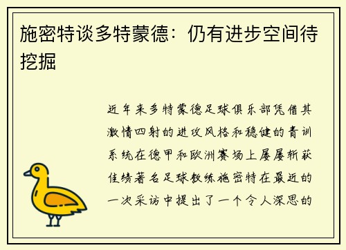 施密特谈多特蒙德：仍有进步空间待挖掘