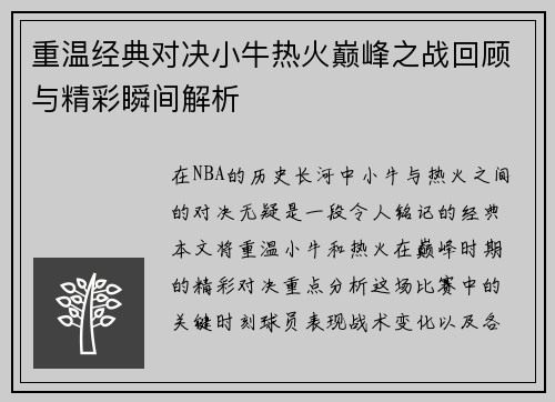 重温经典对决小牛热火巅峰之战回顾与精彩瞬间解析